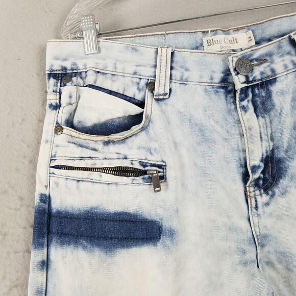 Blue Cult Jeans Mens 34 White Indigo Moto Distressed Biker Denim Zipper Pockets - Picture 3 of 16